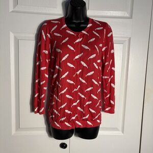 LOFT Outlet Whale Print Cardigan Sweater Women M Red White 100% Cotton Button Up